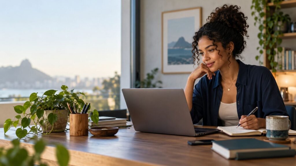 Empreendedora usando notebook para atender clientes com assistente de IA