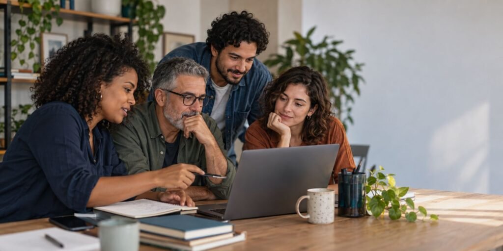 Equipe de pequeno negócio analisando o atendimento com IA no notebook